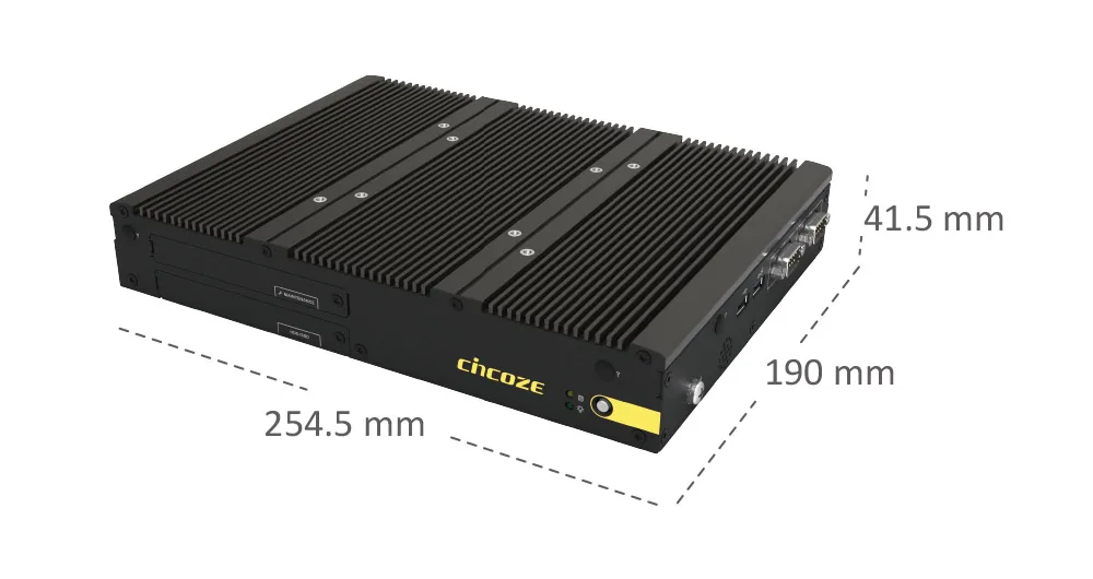 Kích thước module tính toán Cincoze P2202: 254,5 x 190 x 41,5 mm, vỏ nhôm ép đùn có cánh tản nhiệt