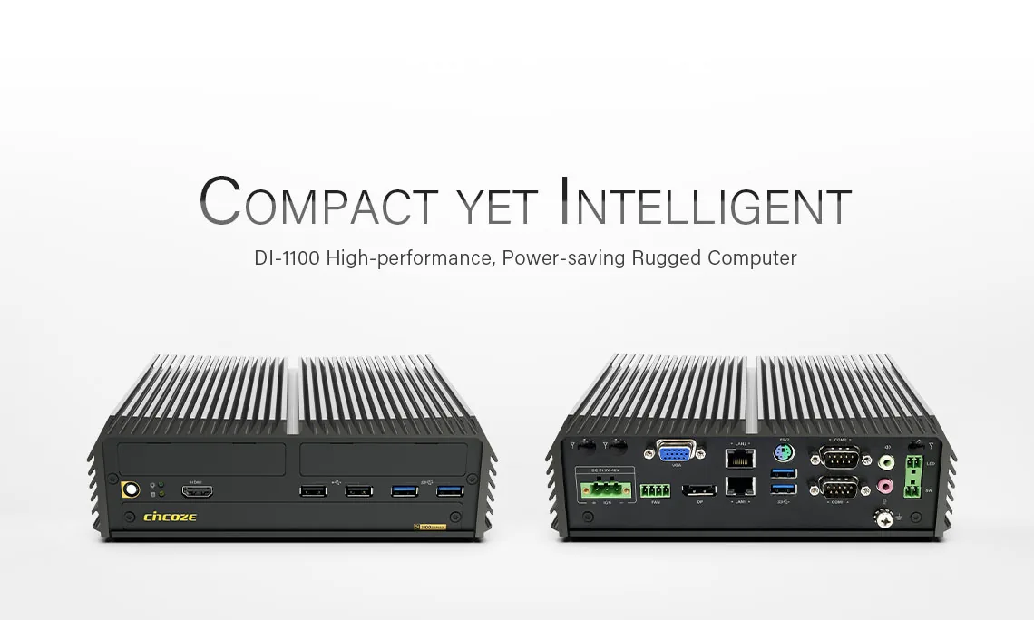Mặt trước và mặt sau máy tính công nghiệp Cincoze DI-1100 với HDMI, DisplayPort, VGA, hai LAN, USB, COM và cọc nguồn