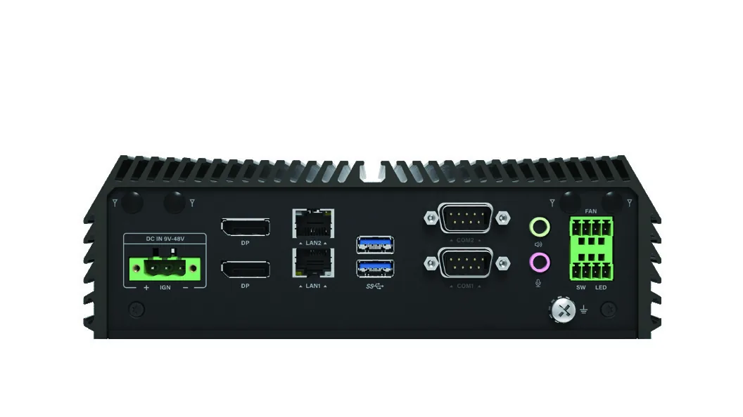 Mặt cổng máy tính nhúng Cincoze DI-1200 với cầu đấu nguồn, HDMI, hai DisplayPort, hai cổng mạng RJ45, USB và hai cổng COM