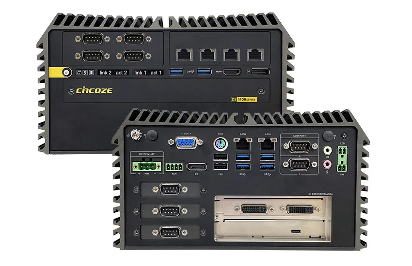 Hai máy tính Cincoze DS-1402 chồng nhau, mặt sau lộ các mặt nạ cổng module CMI và khe card PCIe