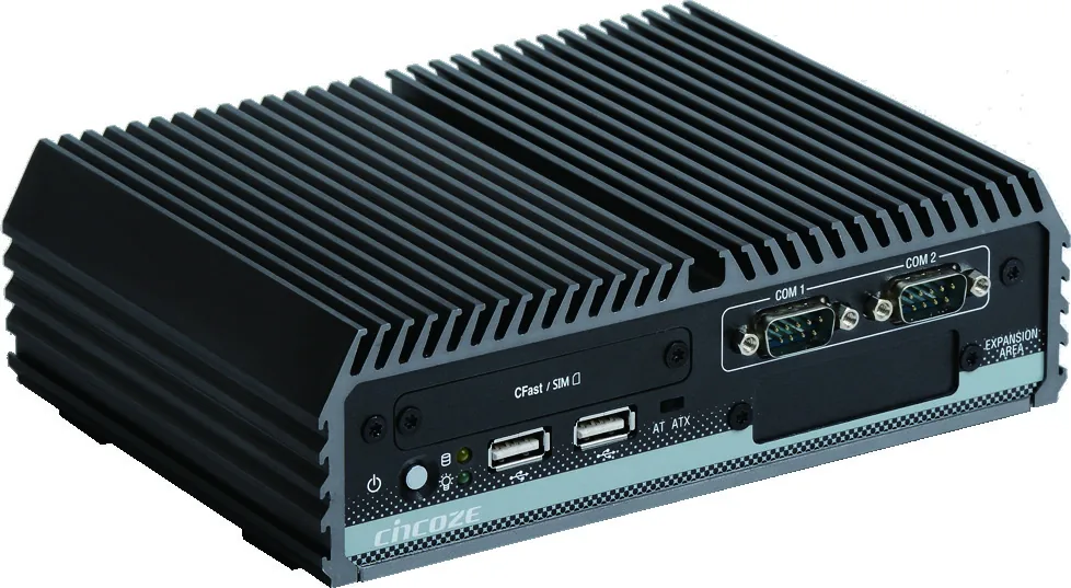 Máy tính công nghiệp không quạt Cincoze DC-1100 với hai cổng COM DB9 và khe CFast ở mặt trước