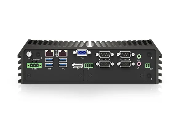 Mặt cổng máy tính công nghiệp Cincoze DX-1300 với hai cổng LAN, bốn cổng COM DB9, tám cổng USB và cầu đấu nguồn 9-48 VDC