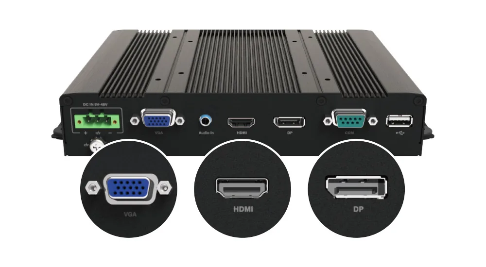 Module M1101 phía sau màn hình công nghiệp Cincoze với ngõ vào VGA, HDMI và DisplayPort