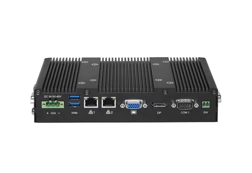 Module tính toán Cincoze P1101 vỏ nhôm đen mỏng với cọc nguồn 9-48 V, hai LAN, VGA, DisplayPort và cổng COM