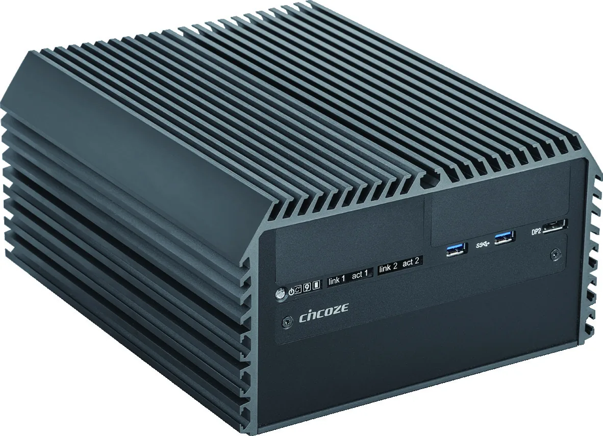 Máy tính công nghiệp không quạt Cincoze DS-1200 vỏ nhôm đen, mặt trước có hai cổng USB 3.0 và cổng DisplayPort thứ hai
