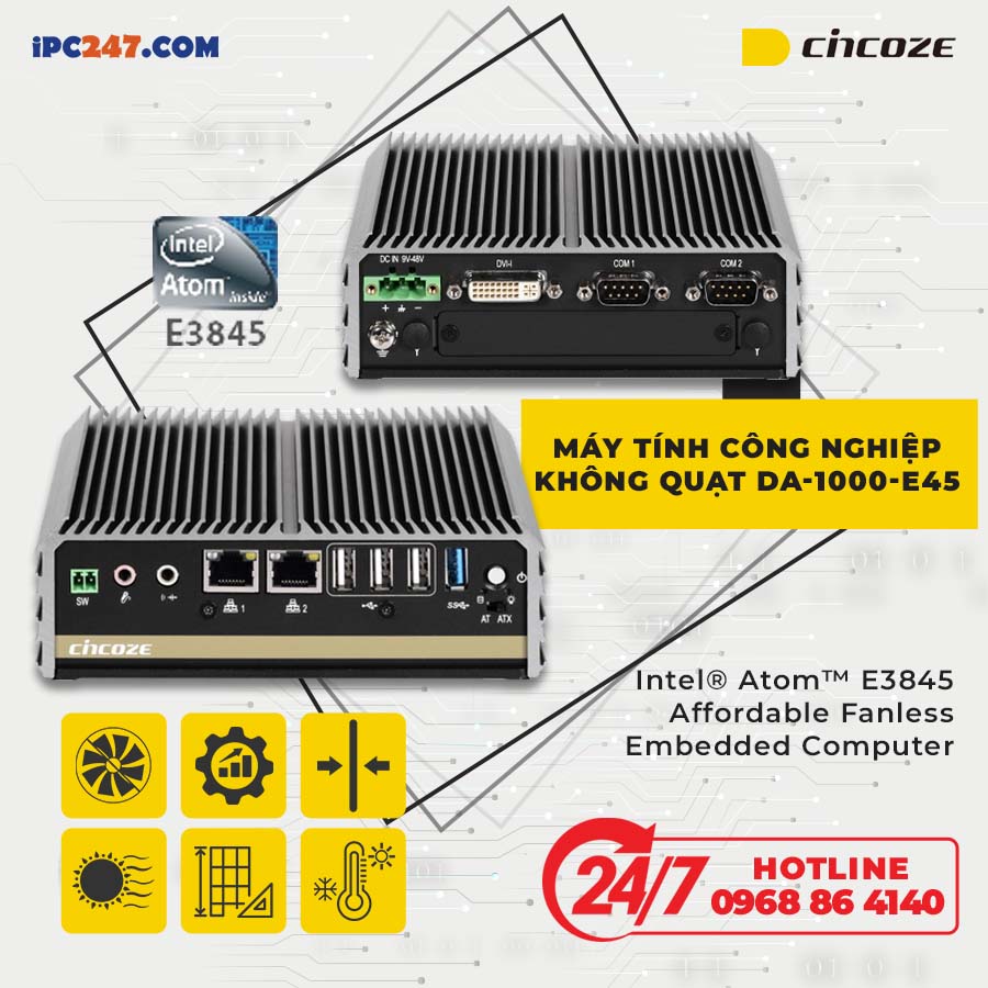 Dòng máy tính công nghiệp không quạt DA-1000-E45 được IPC247 phân phối tại Việt Nam